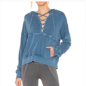 Free People Movement Believe It Sapphire Blue Hooded Lace up Pullover Sweatshirt